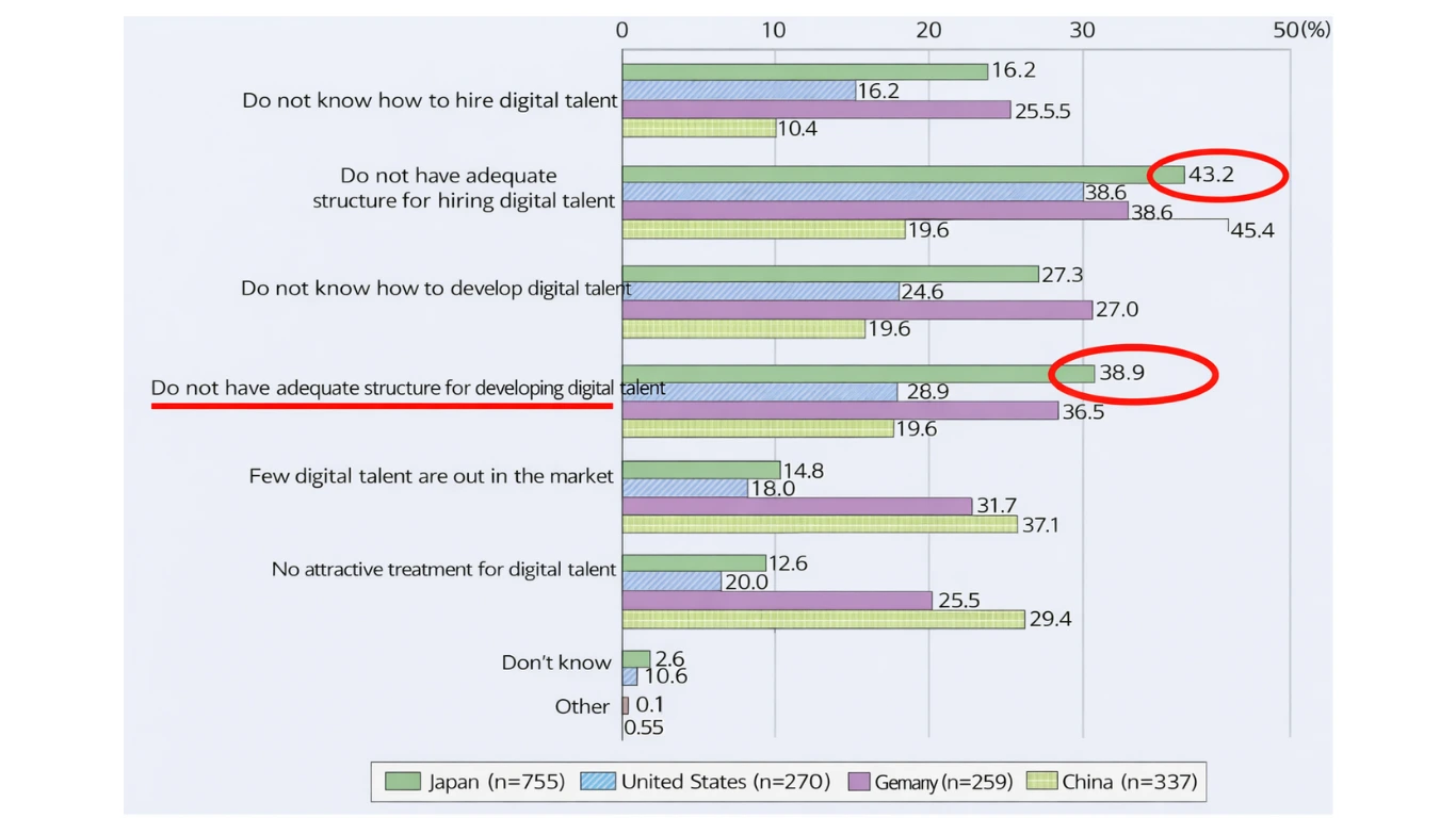 Survey comparing Japan, United States, Germany, and China showing that Japanese companies lack organizational structures for hiring and developing digital professionals