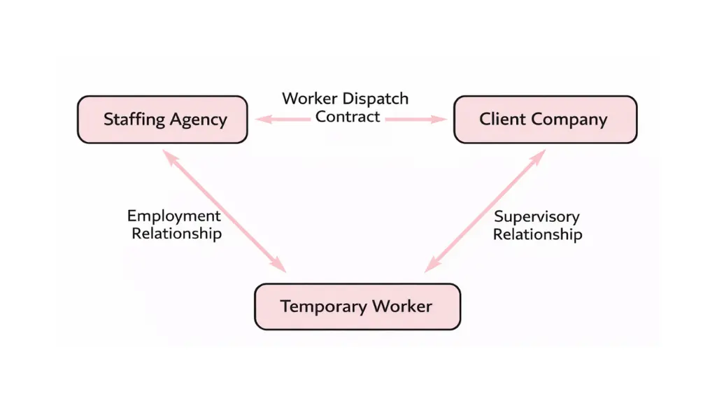 diagram of temporary staffing structure showing the staffing agency, temporary worker, and client company relationship
